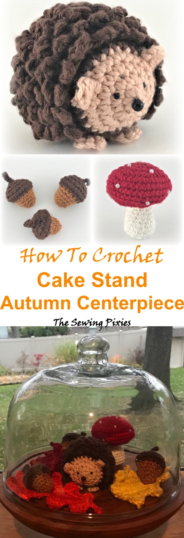 Learn how to crochet autumn crochet cake stand centerpiece #crochetautumncenterpiece, #chrochethedgehogpattern, #crochetmushroompattern, #crochetacornpattern, #easyfallcrochet