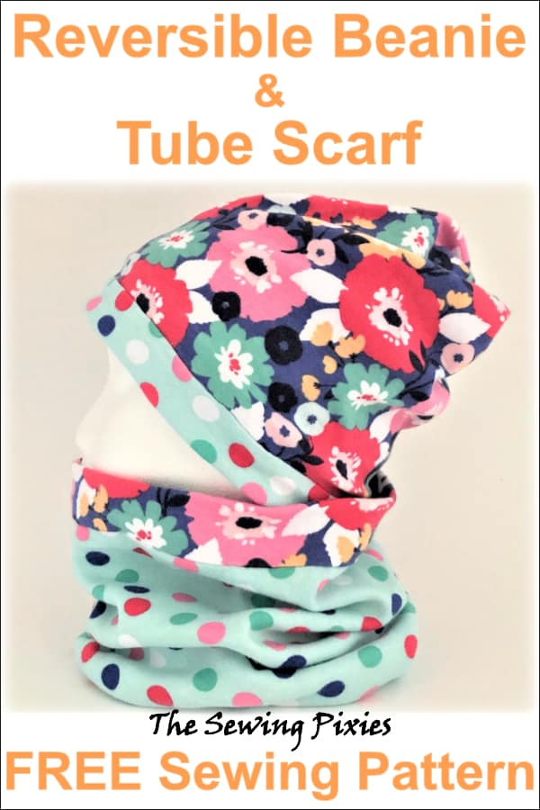 Reversible beanie and tube scarf free sewing pattern #beaniefreepattern, #reversiblebeaniepattern, #sewbeaniehat, #beaniehatpattern, #beaniefreepattern