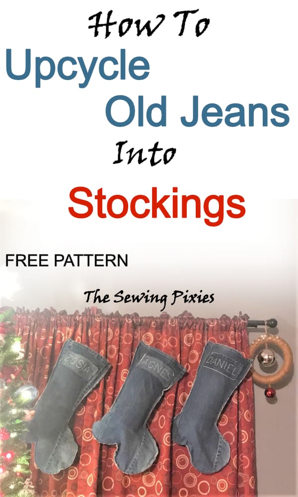 Learn how to upcycle old jeans into stockings! #oldjeansstockings, #upcycleoldjeans, #oldjeanschristmas, #upcycledchristmasdecor