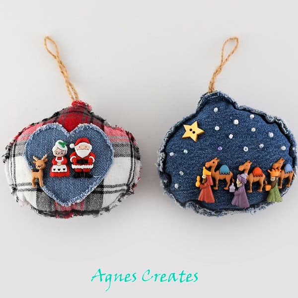 Learn how to sew denim Christmas ornament! Free Christmas ornament pattern!