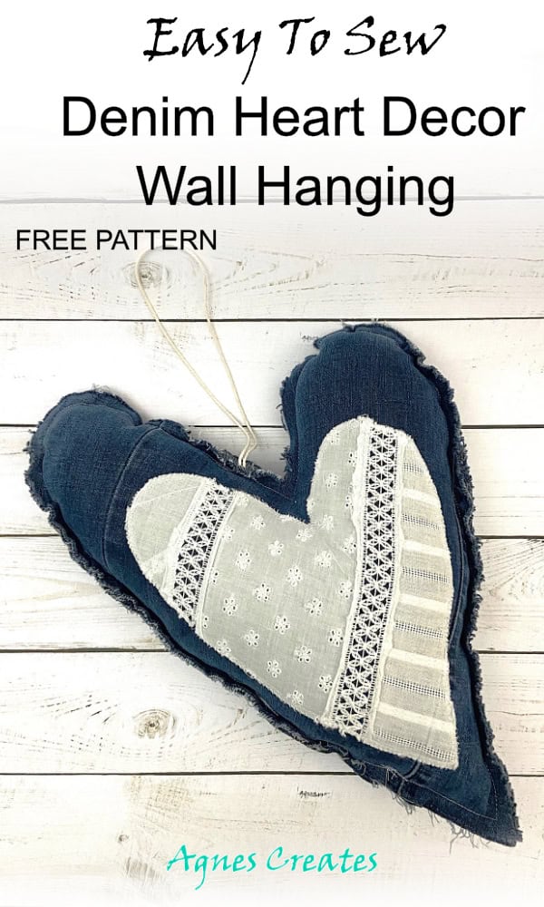 Great upcycle old jeans idea! DIY denim heart wall hanging decor. Follow a free fabric heart sewing pattern>