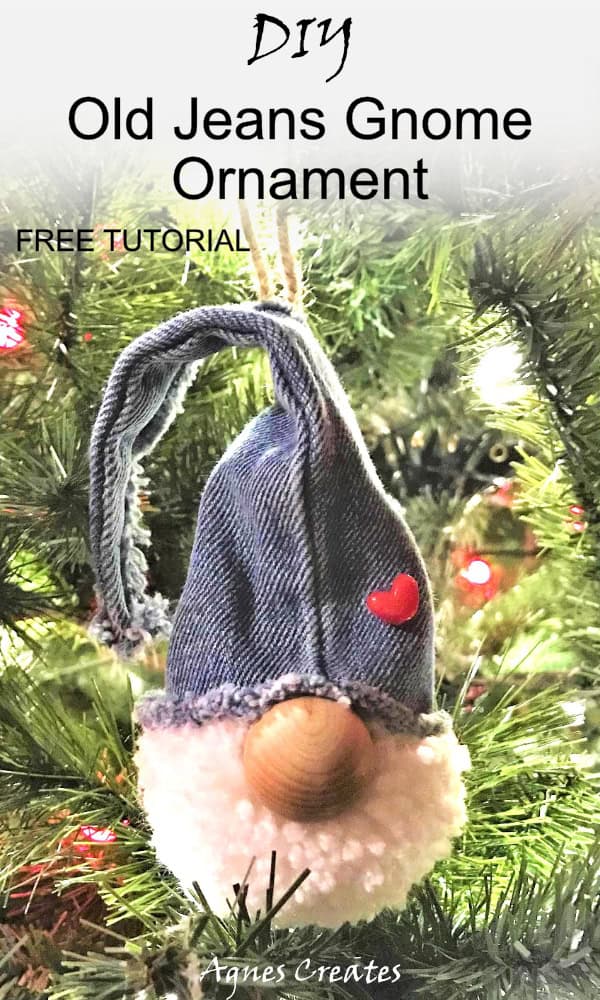Learn how to make denim gnome ornament! Upcycle your old jeans into denim gnome ornament! It's perfect diy gnome ornament idea! A free gnome ornament sewing pattern included!