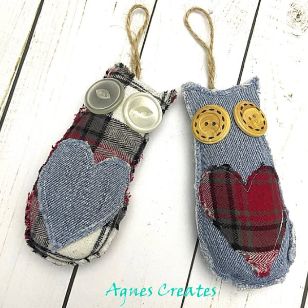 Learn how to sew denim christmas ornament! Free owl ornament pattern!