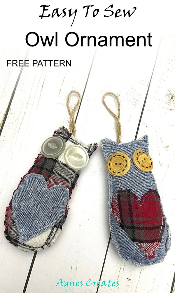 Learn how to sew denim Christmas ornament! Free owl ornament sewing pattern included!