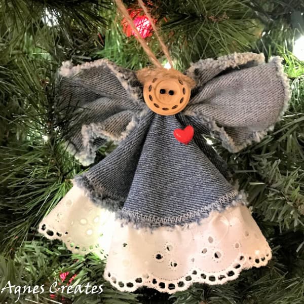 Learn to DIY angel ornament! It makes a nice denim upcycle idea! Free angle ornament sewing pattern included!