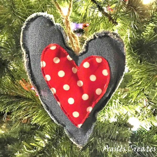 Learn how to sew a heart ornament! Reuse old jeans into Christmas ornaments! Free heart ornament sewing pattern included!