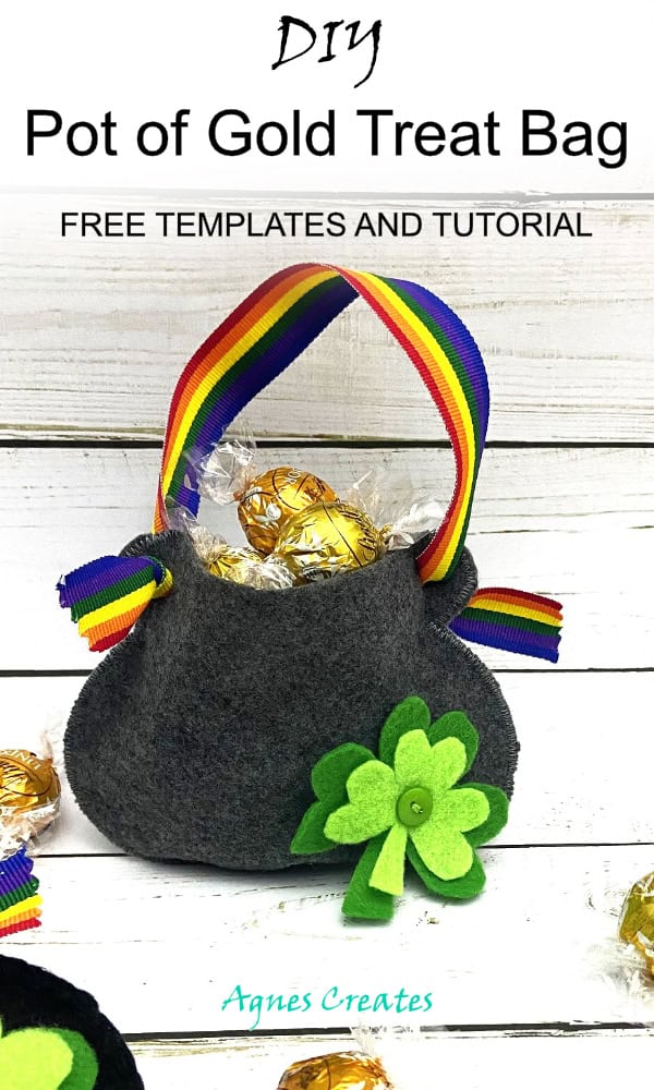 Follow my DIY pot of gold treat bag felt project! Surprise your family wir a handmade treat bags on St. Patrick's Day! Free pot of gold templates included!