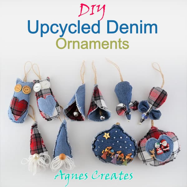 Learn an awesome idea on how to upcycle old denim into Christmas ornaments! Included free templets and tutorial!