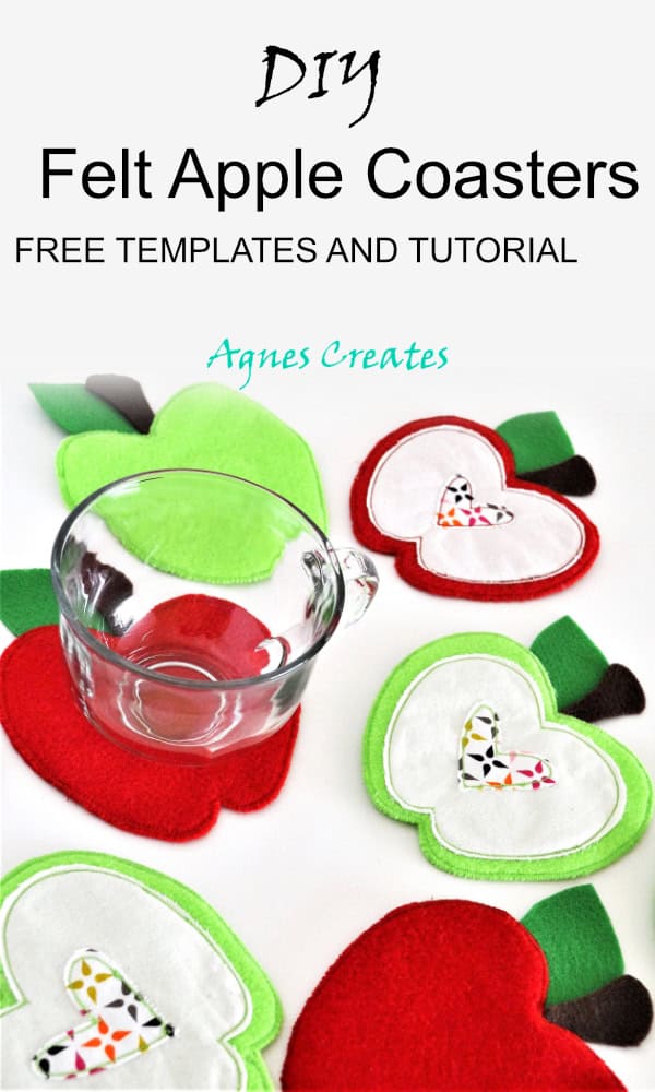 Decorate your table with these easy diy apple coasters! They are great felt craft idea! Free apple coaster template included! A perfect handmade felt gift for a teacher.