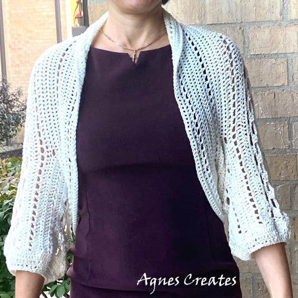 Follow my fee lacy shrug crochet pattern! It makes a nice dress cover up crochet pattern to add to your collection!