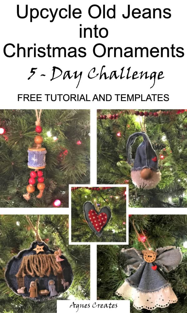 Easy to make old jeans christmas ornament! It's perfect old jeans upcycle idea! A free Christmas ornament sewing pattern included! #oldjeansornaments, #diychristmasornaments, #freeornamentspattern, #oldjeanscrafts, #oldjeansprojects