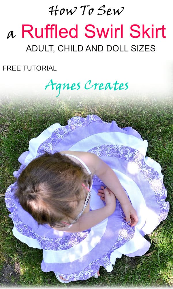 Learn how to sew a ruffled swirl skirt for summer! Adult, child and doll sizes elastic waist summer skirt!